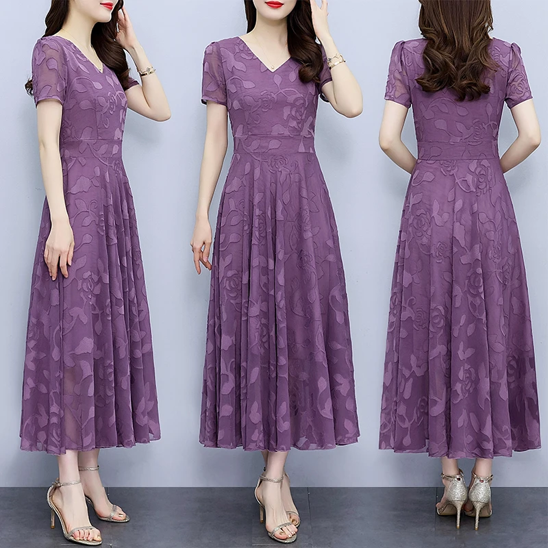 CD#908 2025夏季新款雪纺提花连衣裙大码胖mm收腰显瘦遮肚长裙