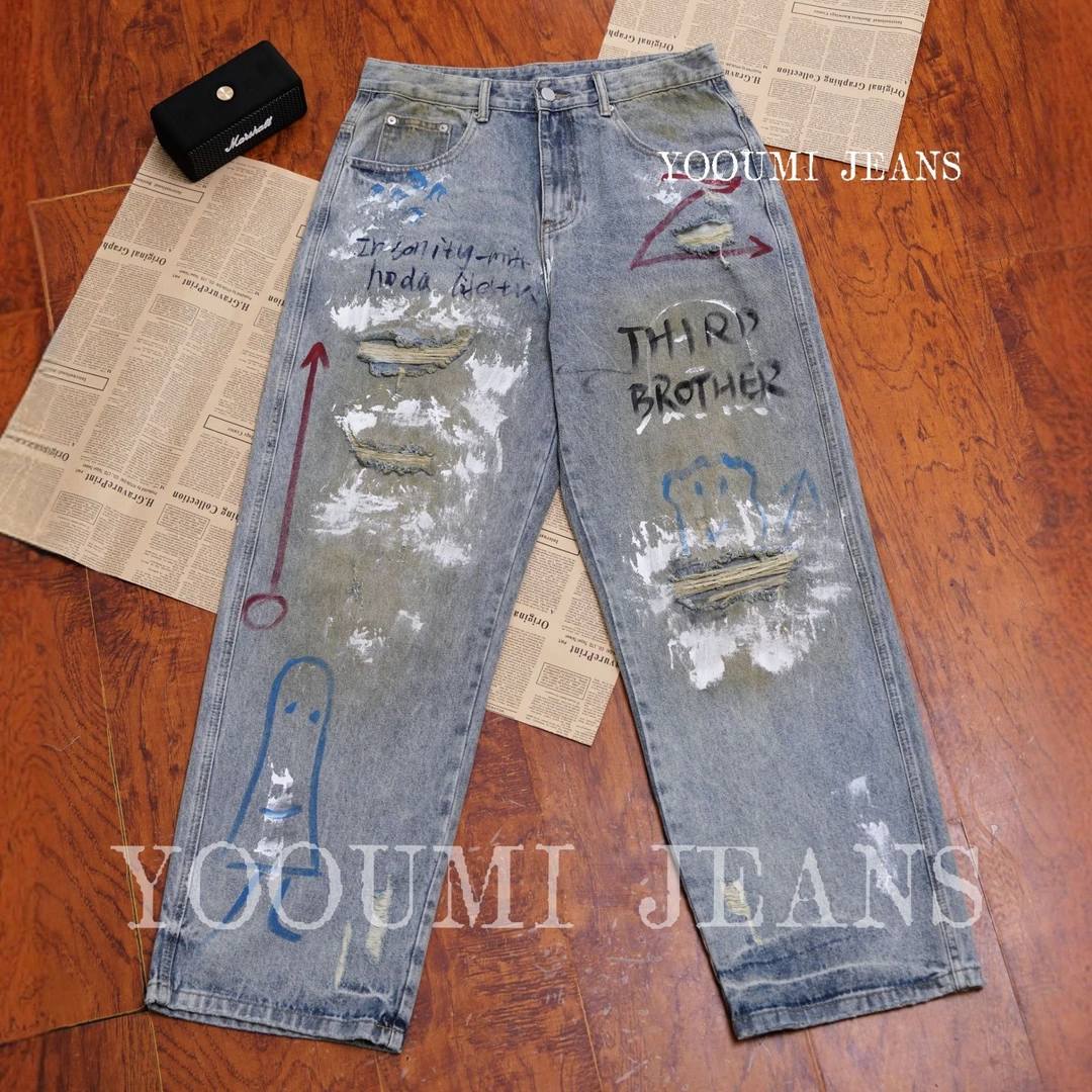 25春夏潮牌重工牛仔裤男国潮手绘涂鸦做旧破洞宽松痞帅阔腿