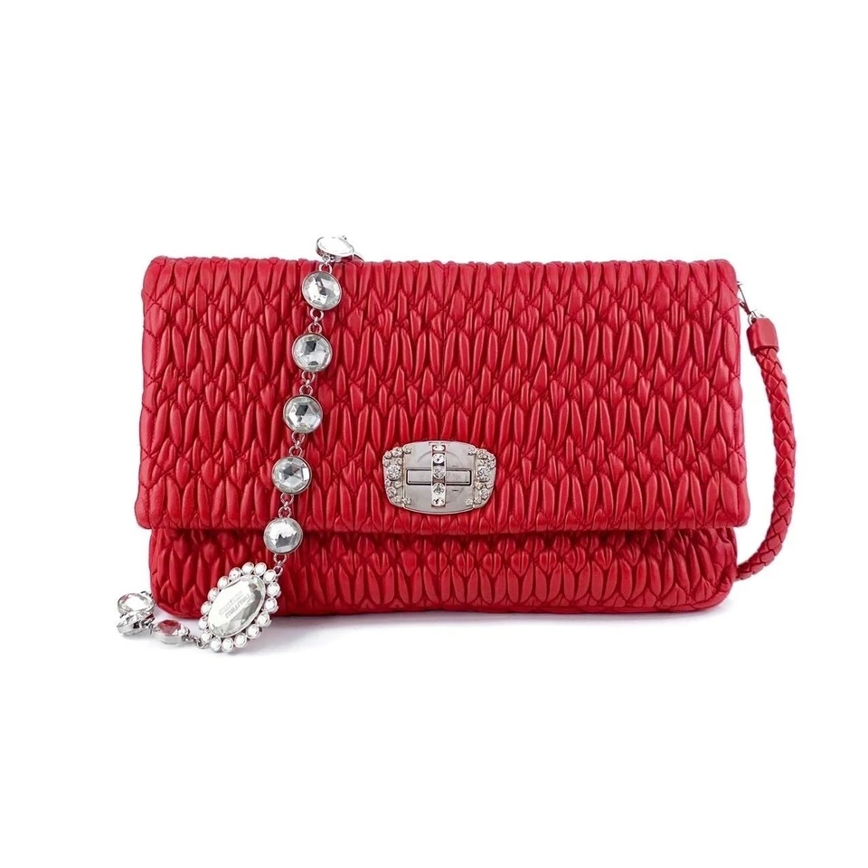99新 MIU MIU/缪缪 褶皱纹红色钻石链条包