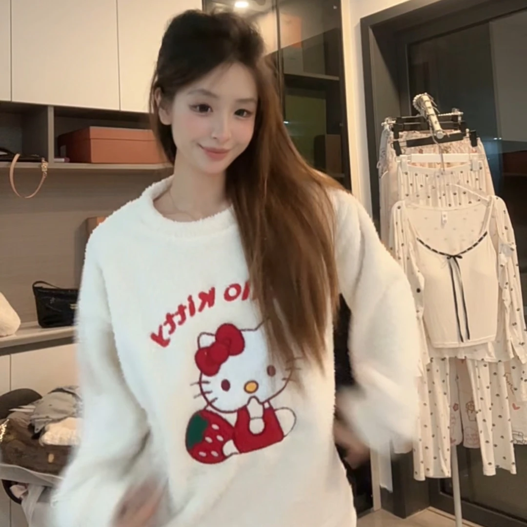 【白色KT】加厚加绒长袖卡通睡衣冬季保暖可外穿家居服