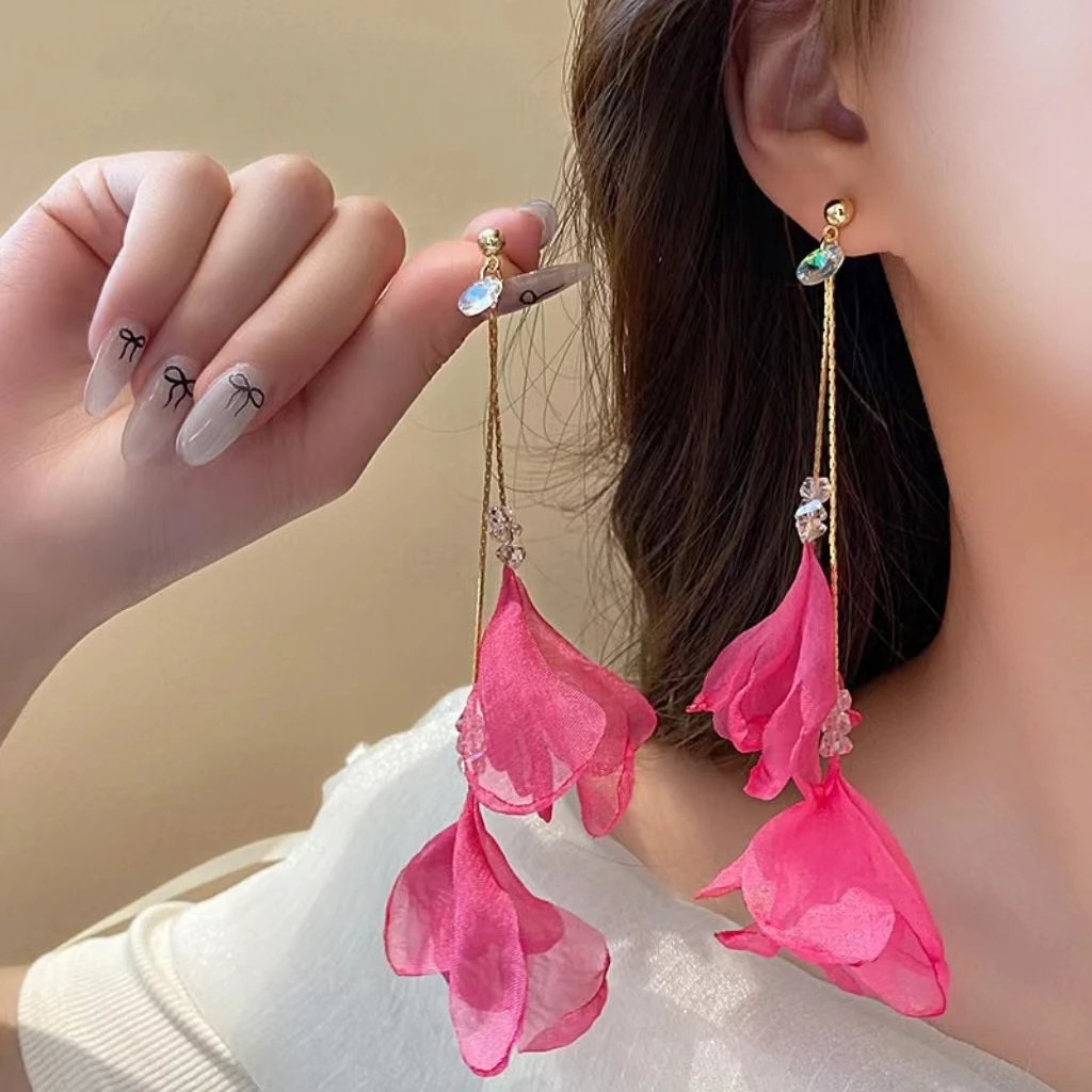 合金布艺耳饰 超长仙气纱网花朵夏日爆款甜美气质耳饰