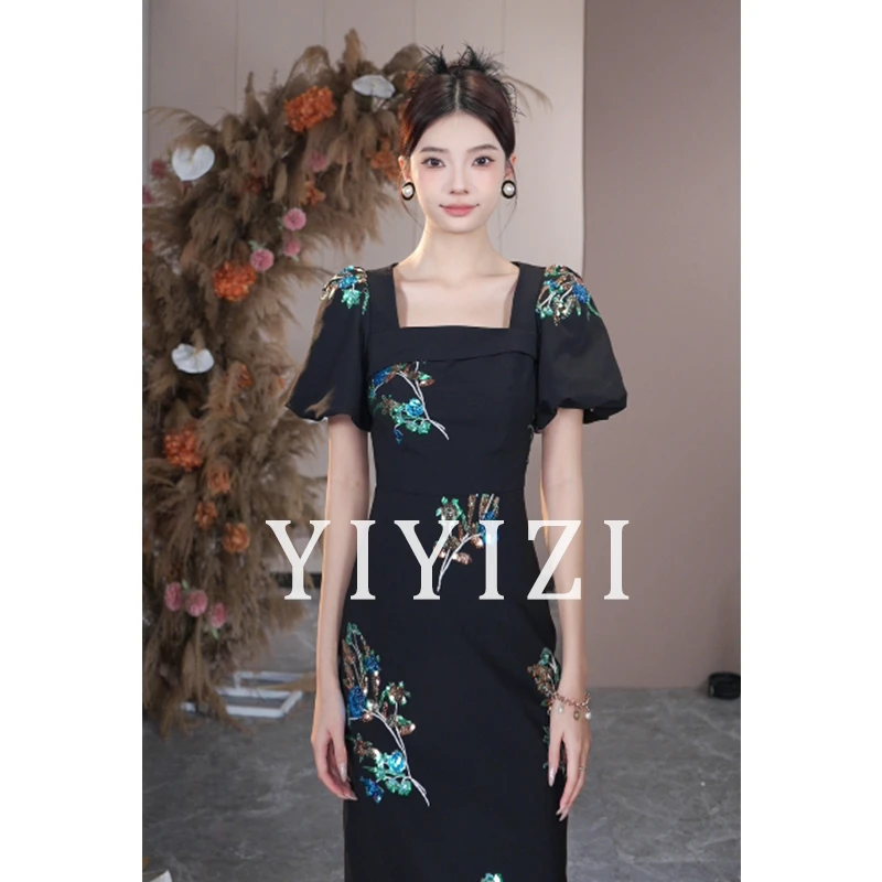 少量现货【孔雀庄园】黑色连衣裙女夏2025新款手工气质小个子重工裙