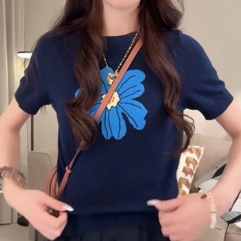 夏季薄款休闲色提花圆领针织衫百搭短袖上衣LK2504426