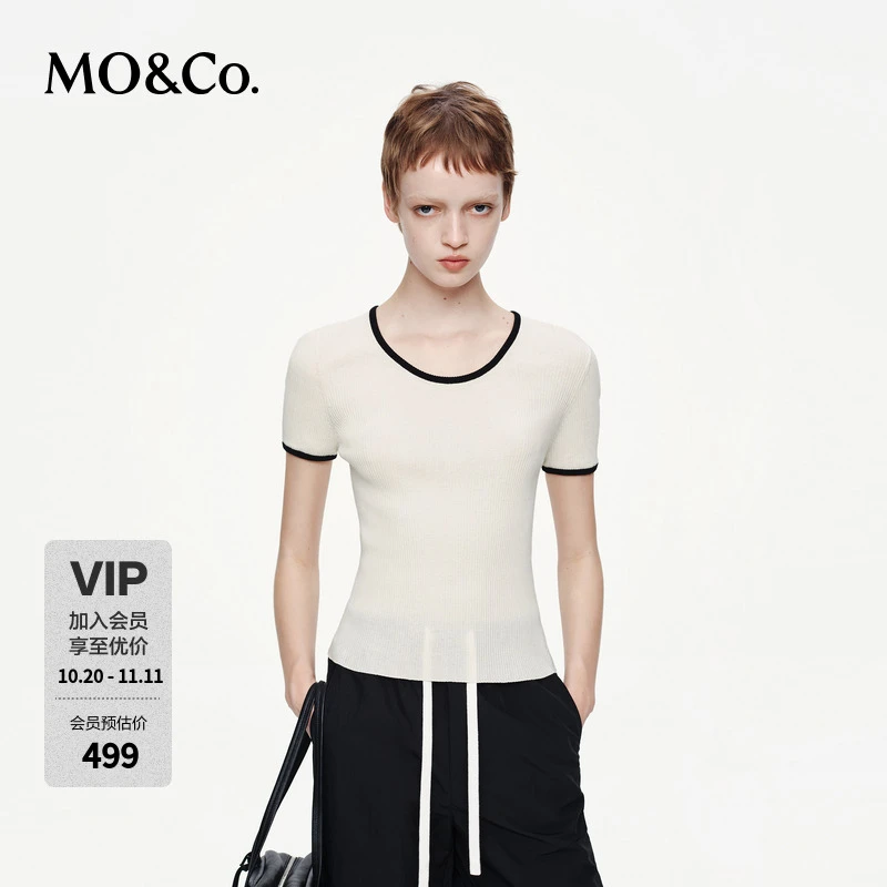 MOCO针织衫2025秋新品撞色镶边圆领正肩修身短袖上衣MBE3SWTT04