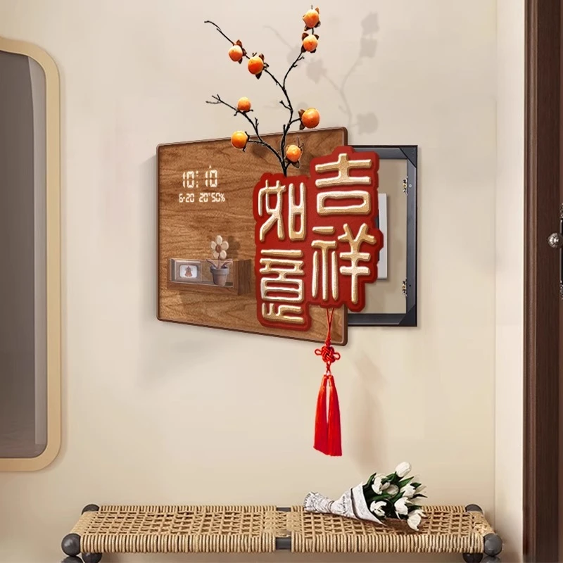 平安喜乐电表箱装饰画带钟表中古风开关盒遮挡挂画电子钟置物画