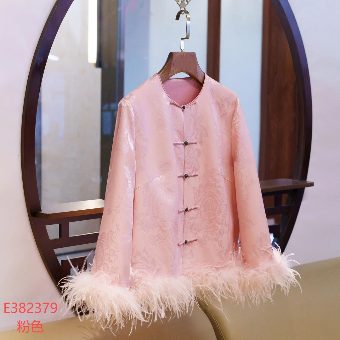 【锦系】丝毛提花拼鸵鸟毛新中式国风桑蚕丝直襟长袖外套E-382379