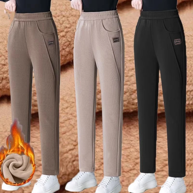 中老年休闲外穿灯芯绒加绒加厚秋冬女裤大码高腰直筒宽松妈妈裤