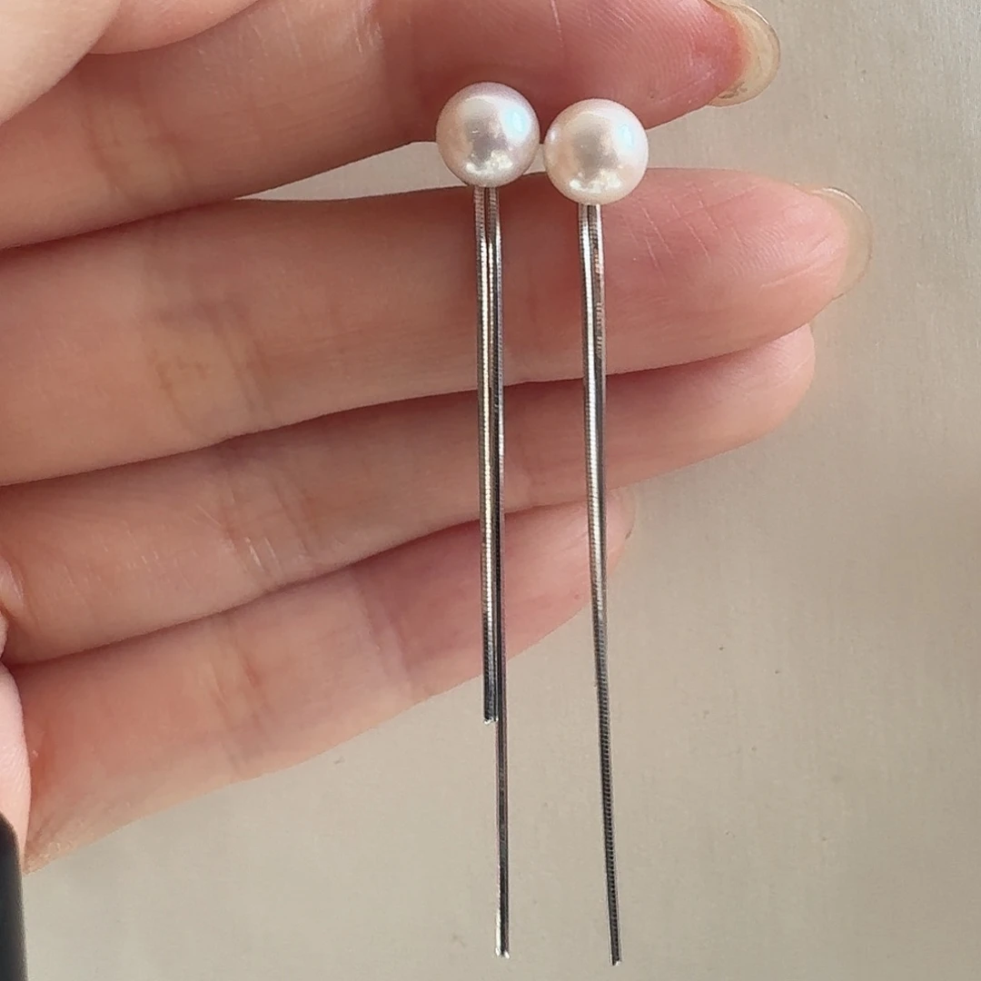 淡水珍珠耳饰银S925镶嵌6-7mm银色流苏耳钉