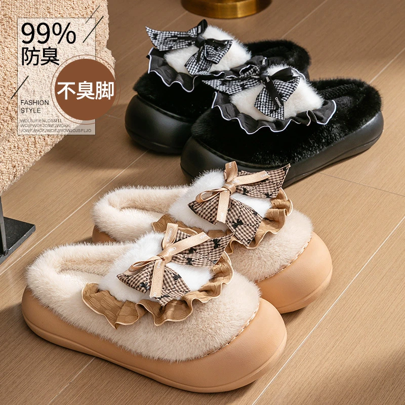 保暖蝴蝶结可爱棉拖鞋女款冬季厚底防滑防臭加绒保暖毛毛拖鞋女鞋