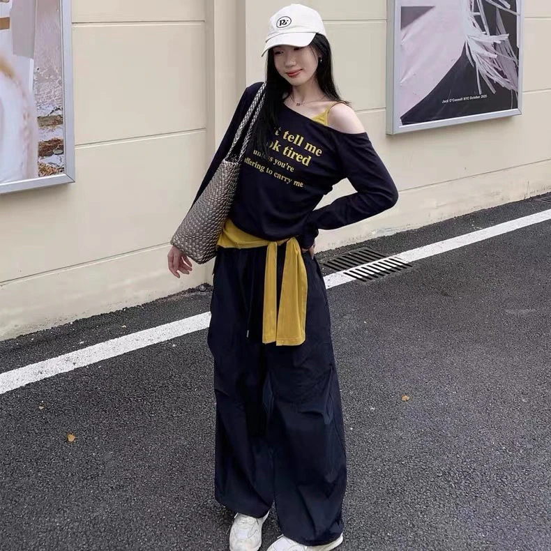 美美推荐 5310 长袖字母斜领宽松型T恤➕工装裤休闲风