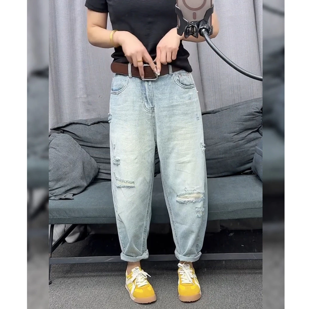 大码高腰破洞哈伦牛仔裤女夏季2025新款九分宽松显瘦乞丐老爹裤