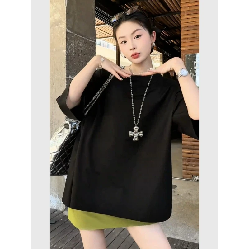 【现货】2025超火又酷又飒的穿搭黑色短袖上衣休闲洋气时尚减龄套装