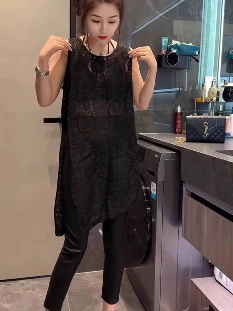 【紫含推荐】欧货重工大码蕾丝打底衫开衩