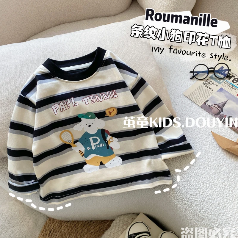 【麦麦妈】C090春秋小童条纹小狗印花T恤春季新品男女宝宝休闲可爱