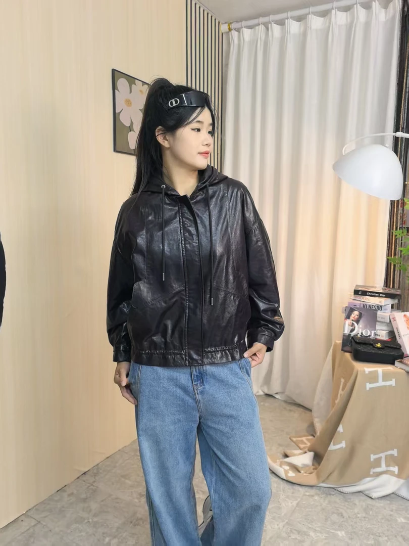 D-90工装风冬季连帽常规款法式皮衣夹克抽绳黑色潮流上衣