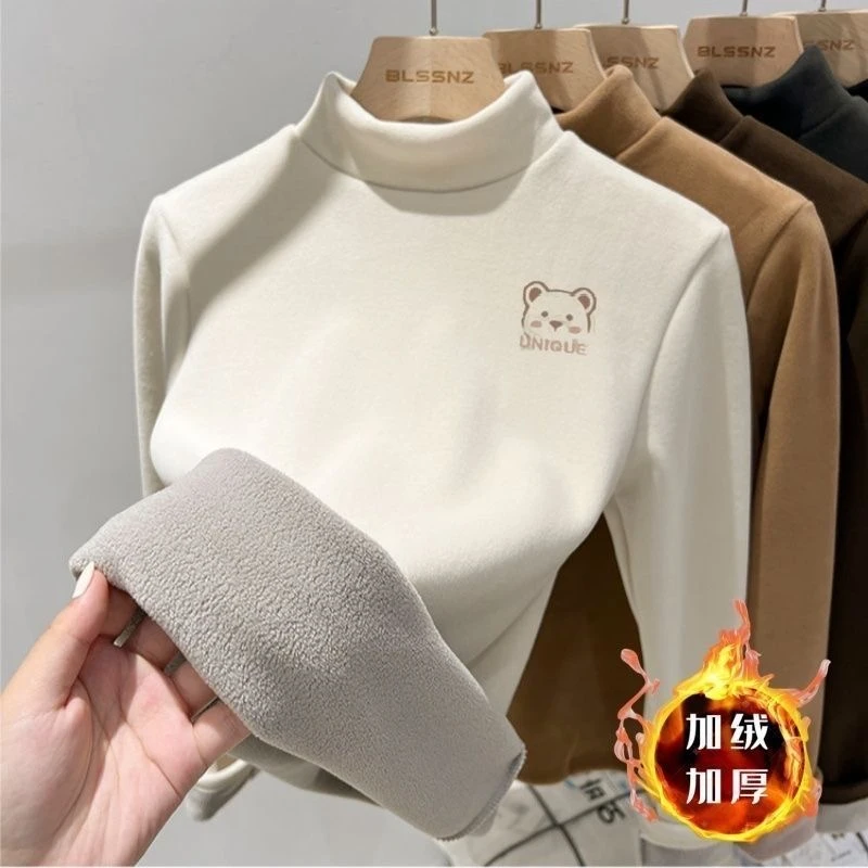 半高领保暖印花上衣冬季内搭儿童加绒加厚一体绒新款打底衫中大童