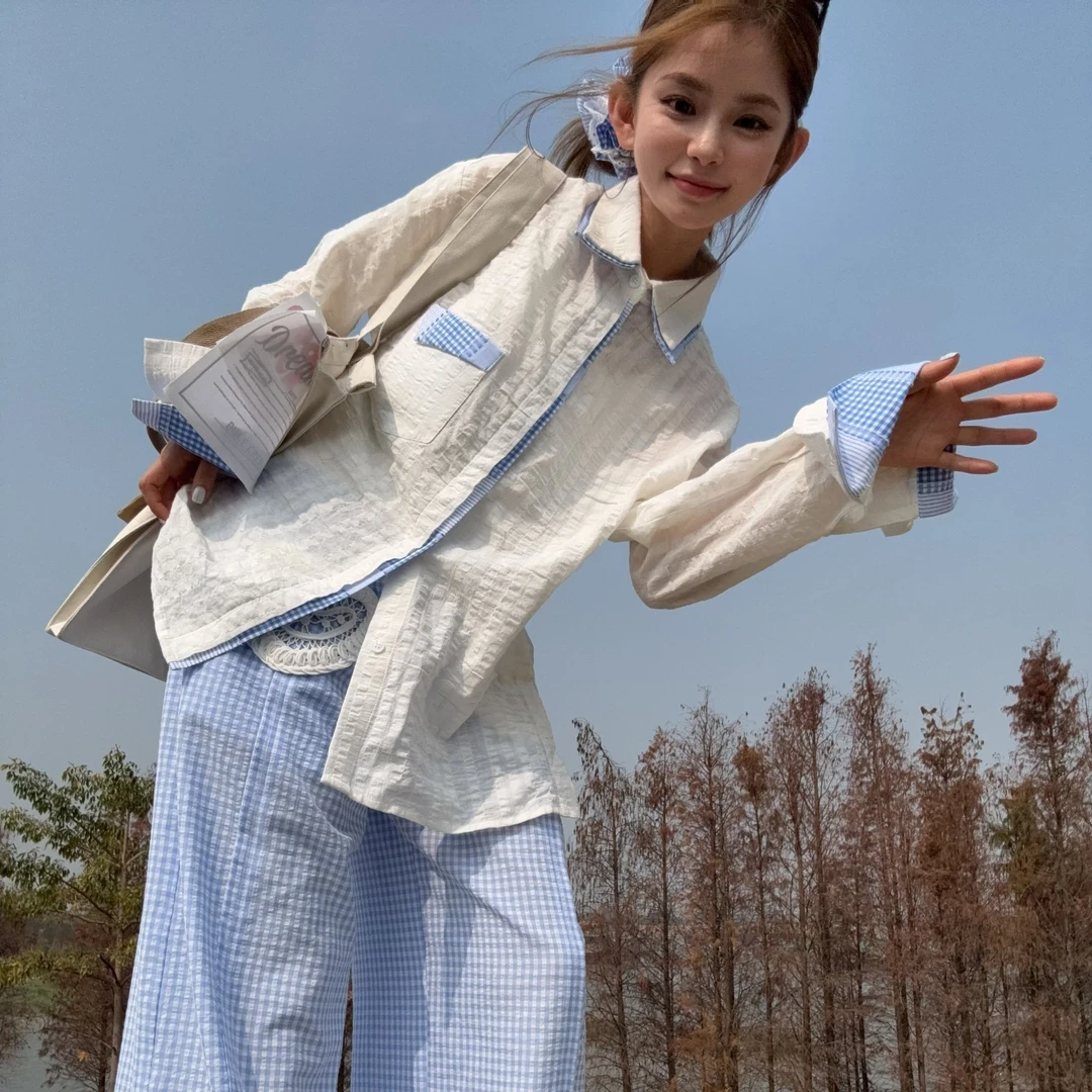 舟舟  【褶皱拼色衬衫】衬衫百搭时尚休闲宽松