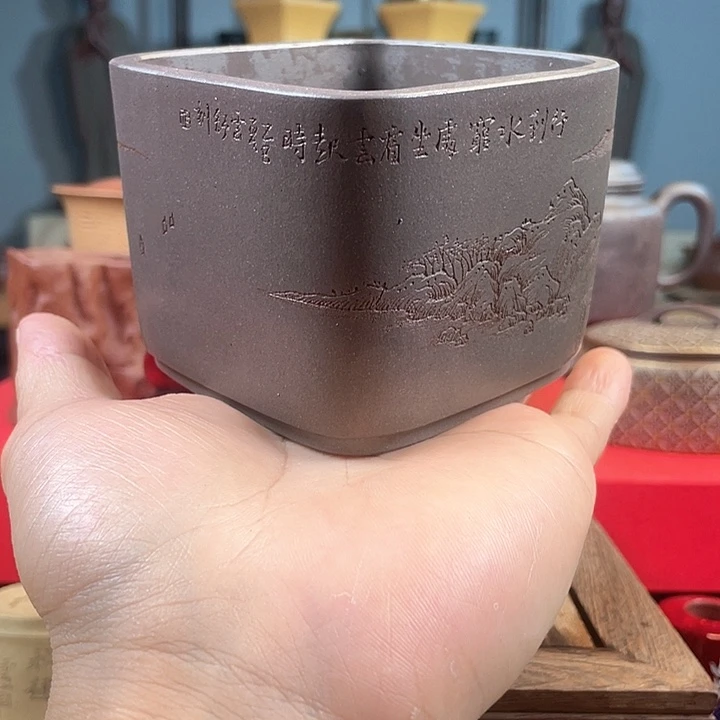 紫砂茶杯四方山水杯微瑕