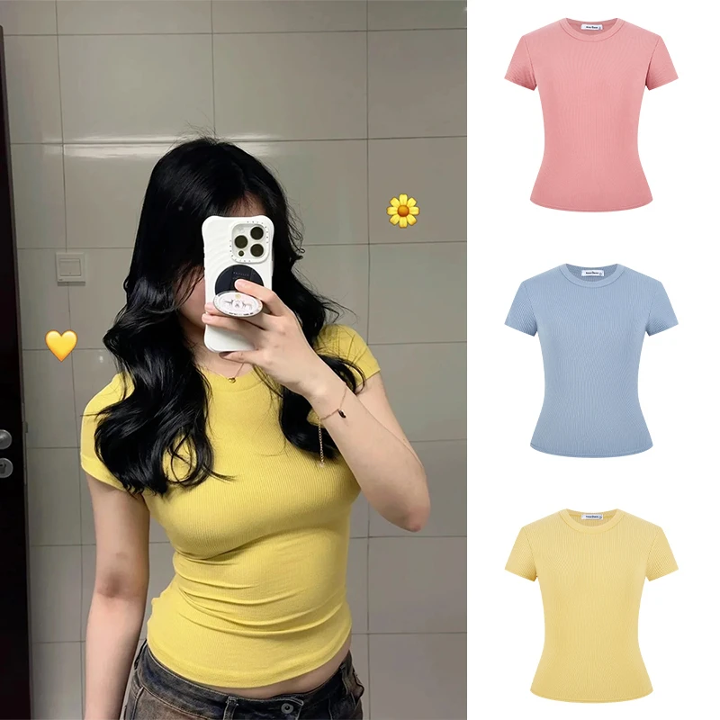 Moses Queen/魔西女王正肩圆领紧身短袖T恤收腰修身显瘦短袖上衣