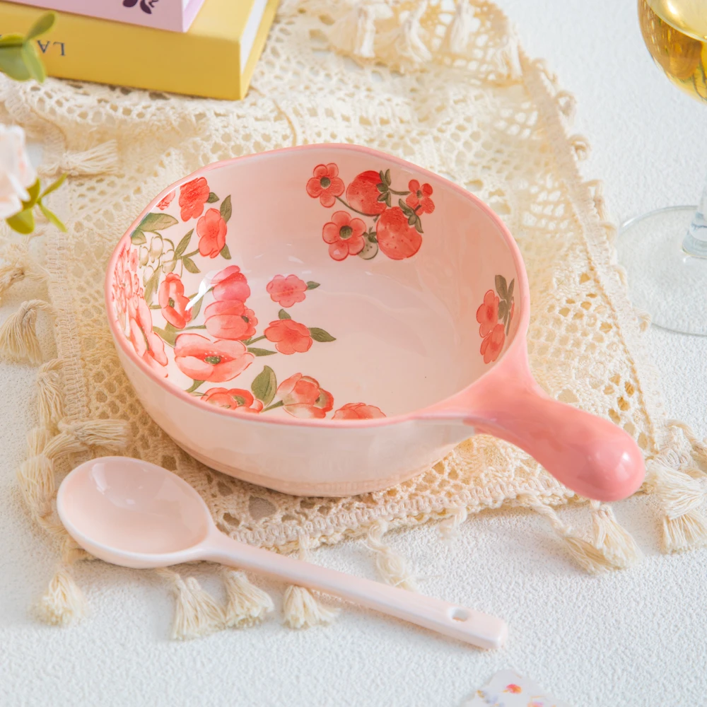 家用陶瓷餐具美二烧釉下彩彩虹系列石头纹异形手柄碗带长柄勺子