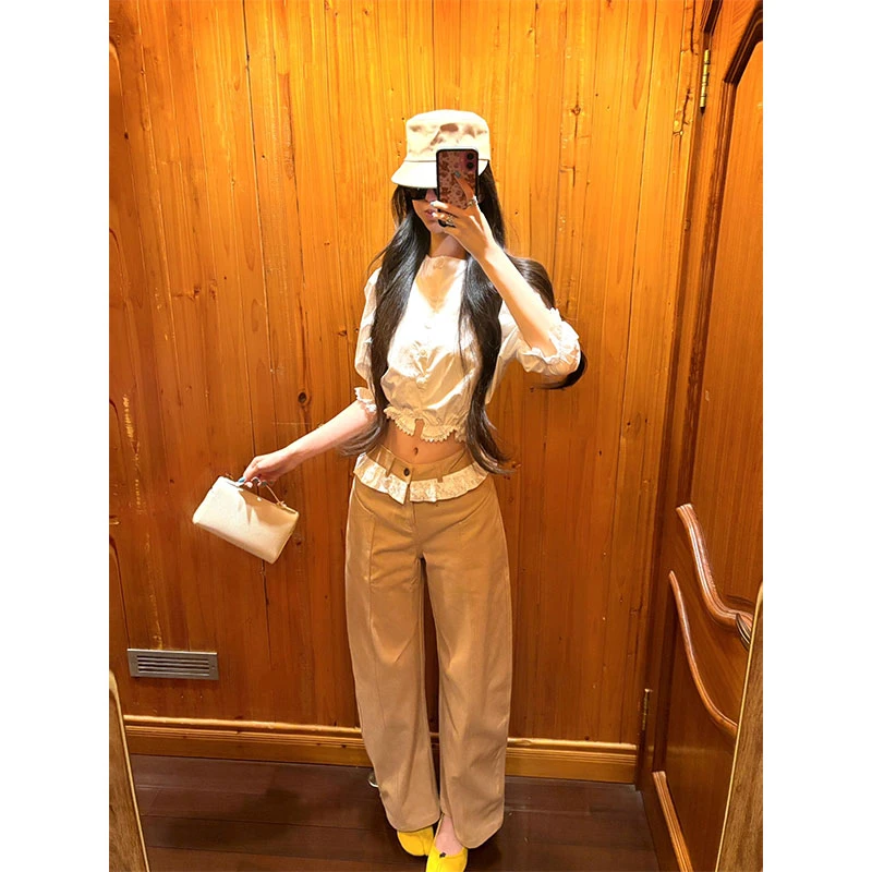 【纯白之恋】chic网红纯欲风蕾丝拼接泡泡袖衬衫女+高腰显瘦阔腿裤