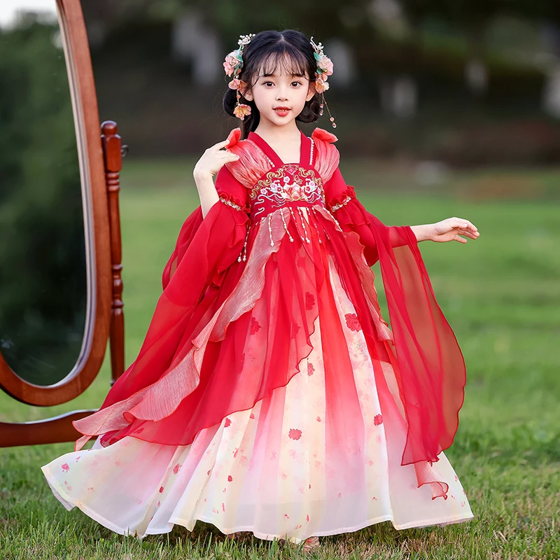 hls8803女童汉服中国风连衣裙儿童春秋款短袖新中式夏连衣裙子