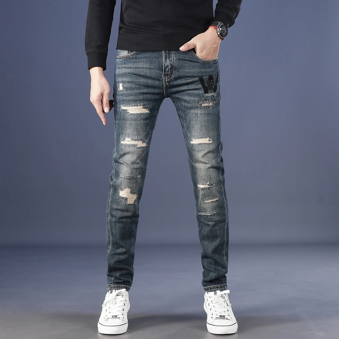 假破洞男士牛仔裤男款2025新款修身小脚秋冬款刮烂休闲弹力长裤