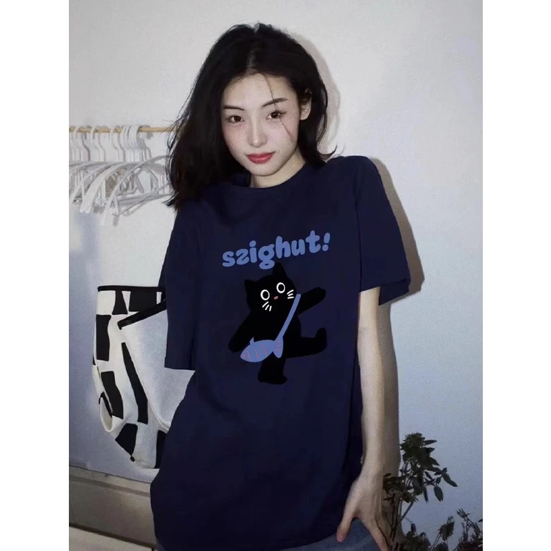 【上学小猫】网红爆款女装ins韩版宽松纯棉T恤女印花圆领卡通Q043