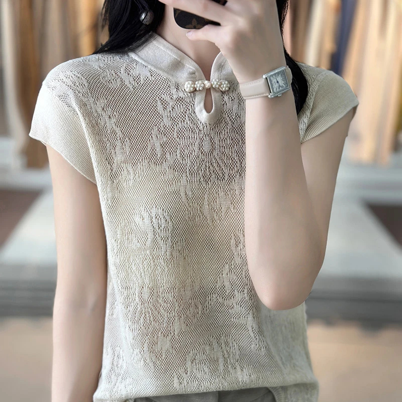 新中式盘扣羊毛白色短袖针织衫女款立领钩花打底衫气质套头半袖