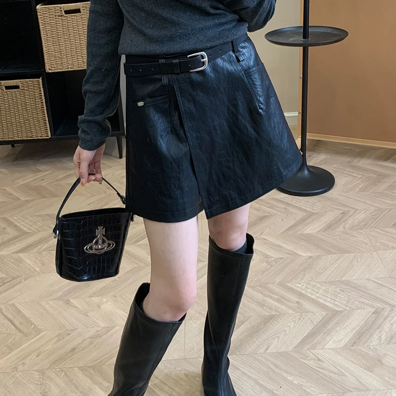 【南油溪溪】高品质黑色阔腿PU皮短裤女秋冬显瘦高腰A字裙裤802009