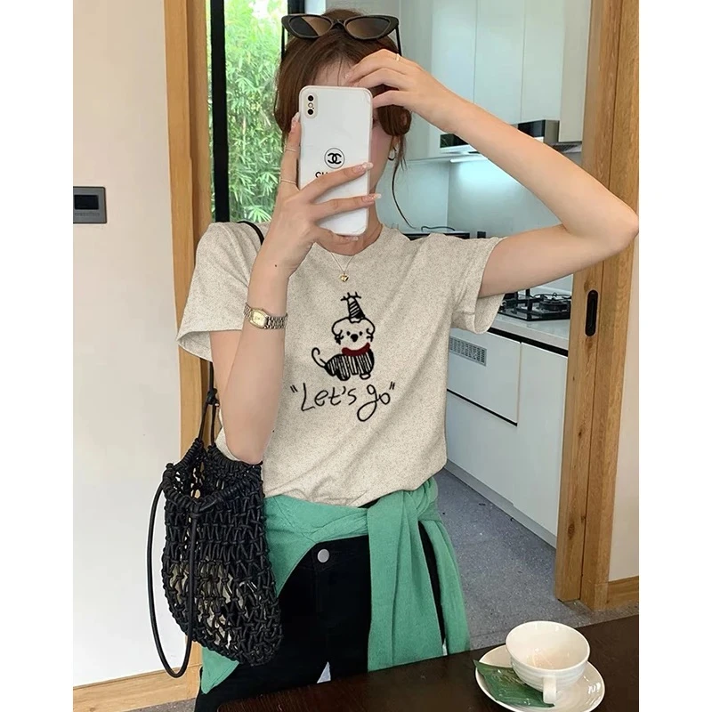 【呆萌小狗】2025夏季新款刺绣短袖甜美小狗时尚百搭圆领正肩T恤