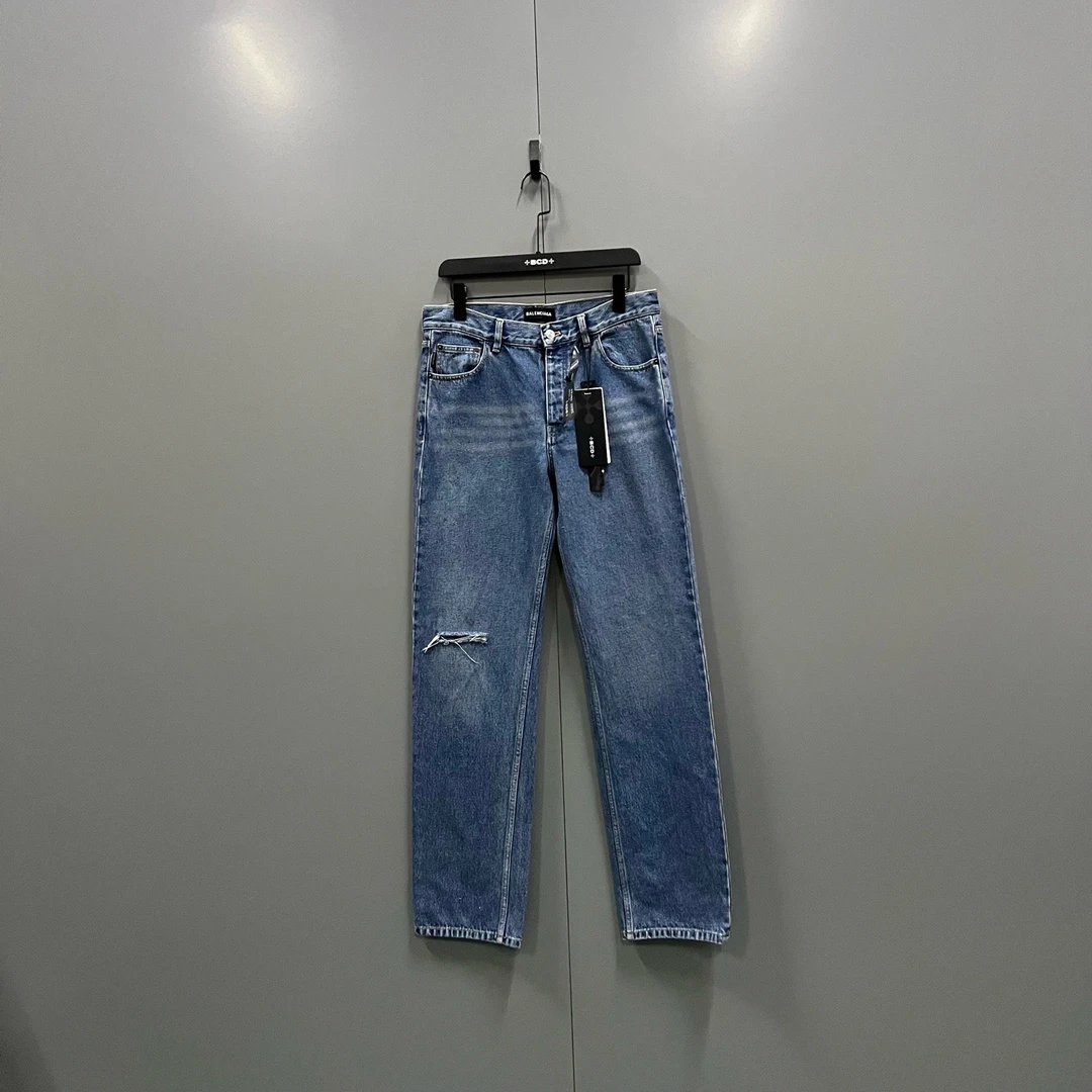95新 Balenciaga/巴黎世家 (ll) 蓝色破洞水洗牛仔裤 30码/103286