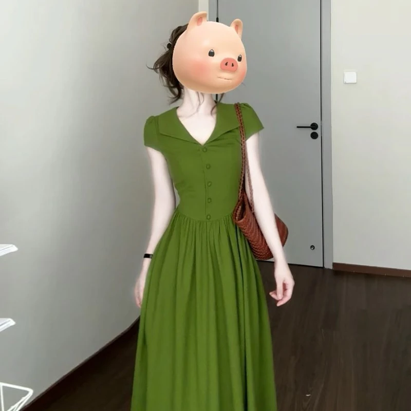 3528巨好看绿色连衣裙子女2025夏季新款独特漂亮掐腰夏日绝美长裙