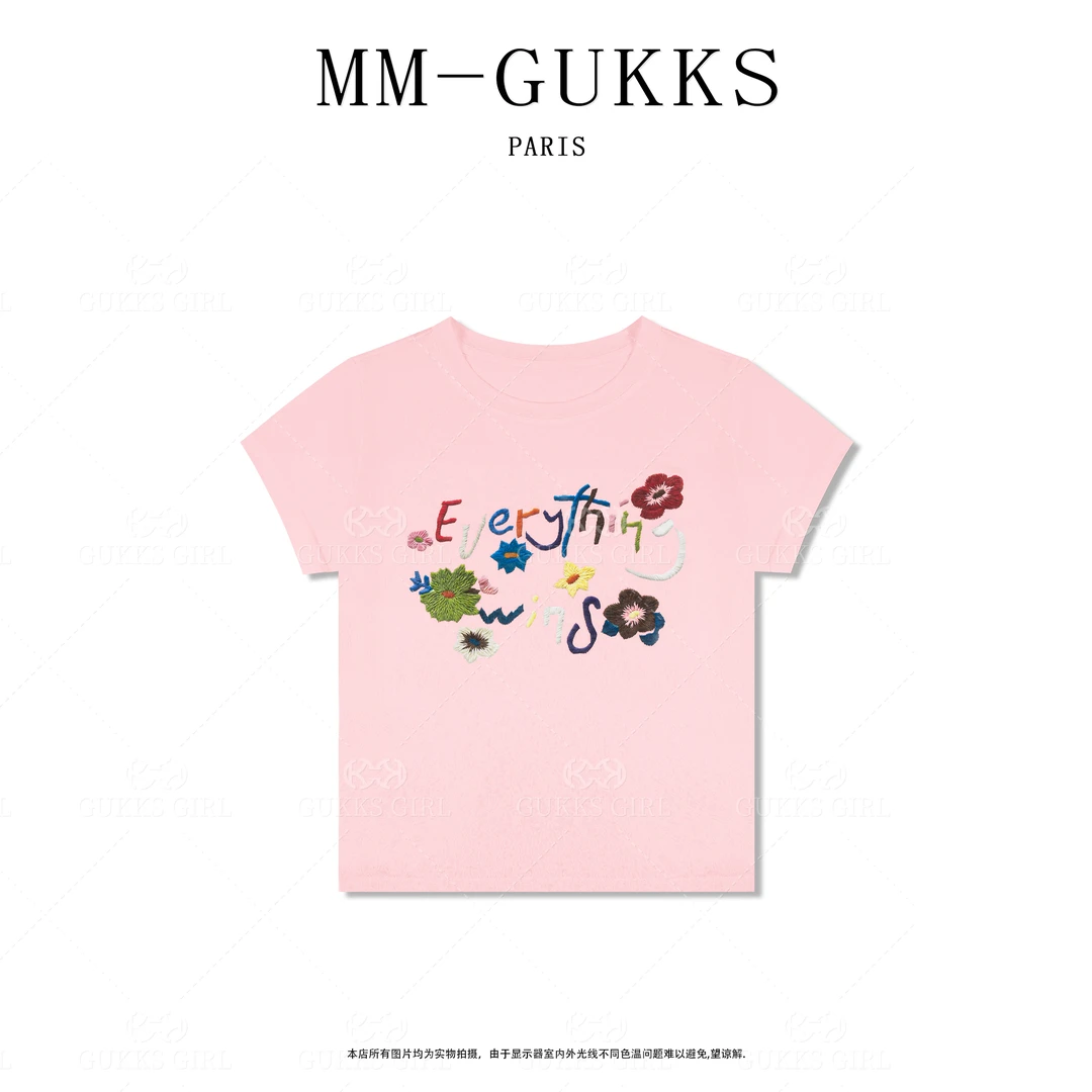 明明GUKKS『绿夏清茶』夏季多巴胺彩色花朵薄款短袖T恤上衣