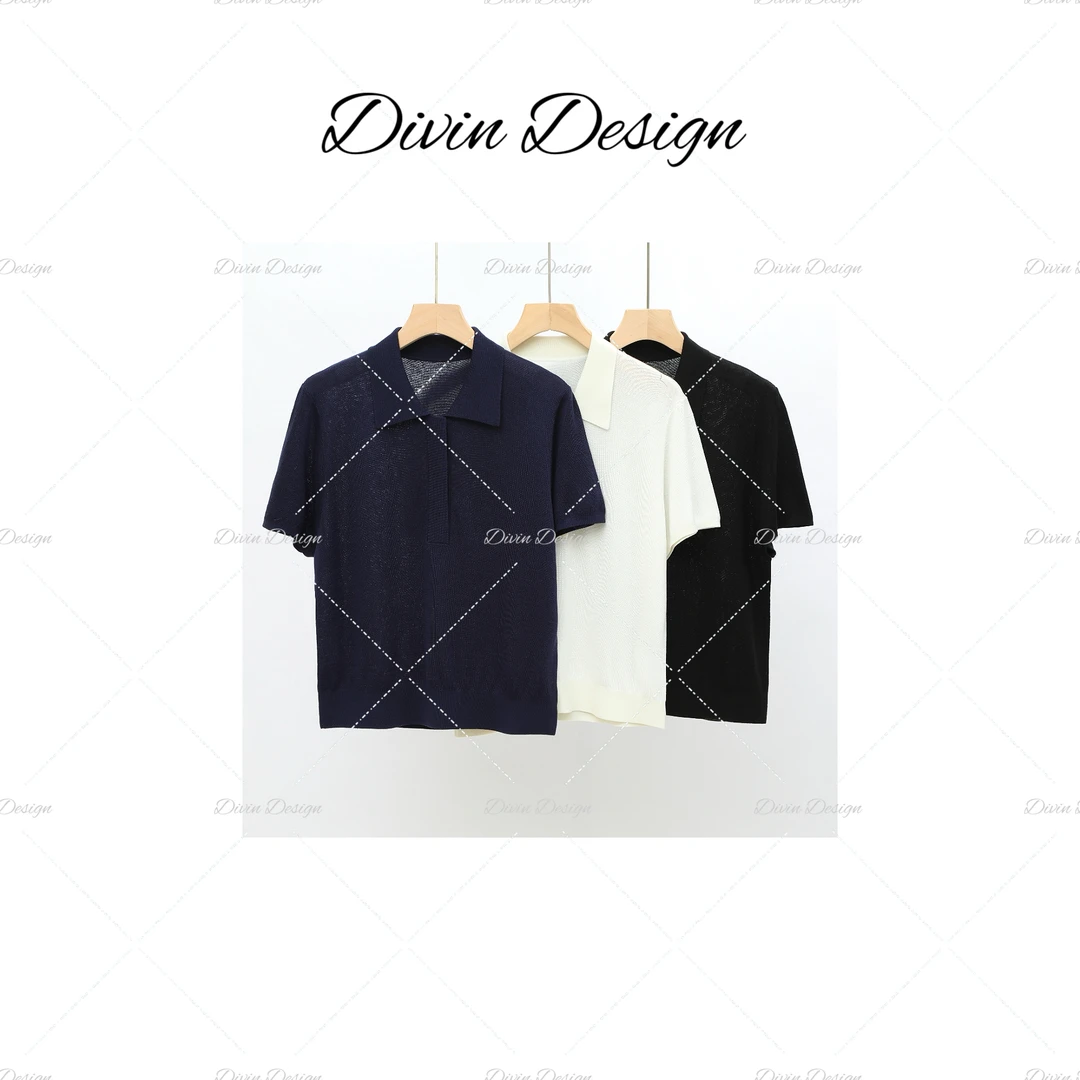 Divin【miu缪亨利领】进口lOO莱赛尔天丝翻领系扣针织短袖 老钱风