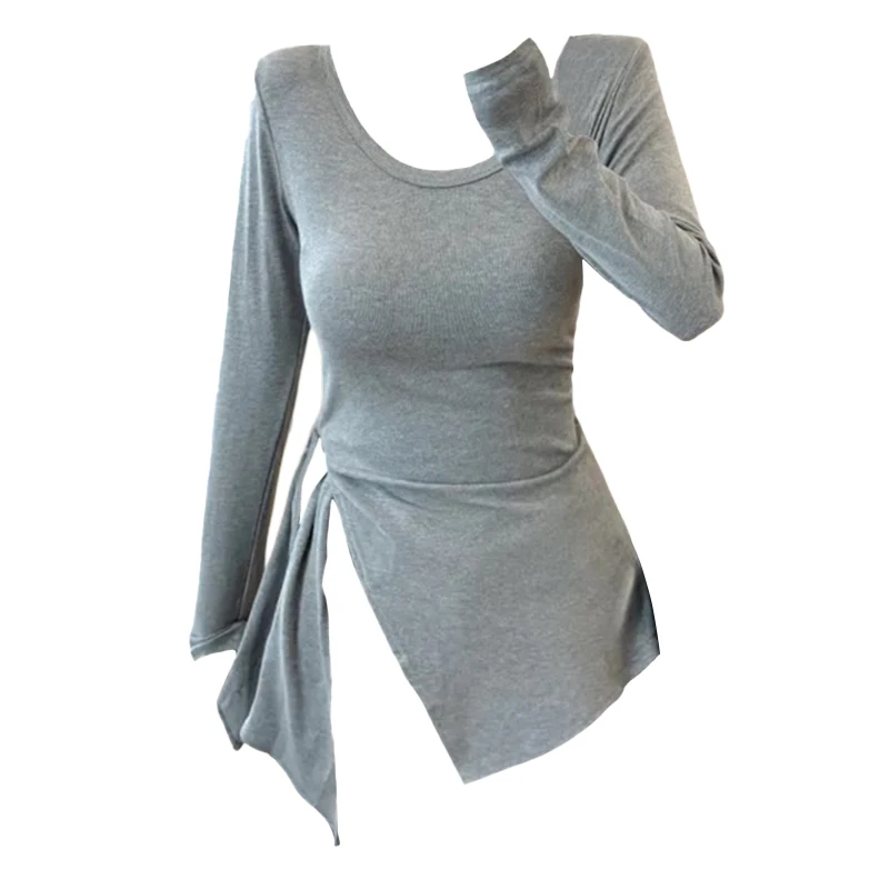 【8130】大码女装胖mm中长款修身显瘦长袖打底衫正肩T恤上衣