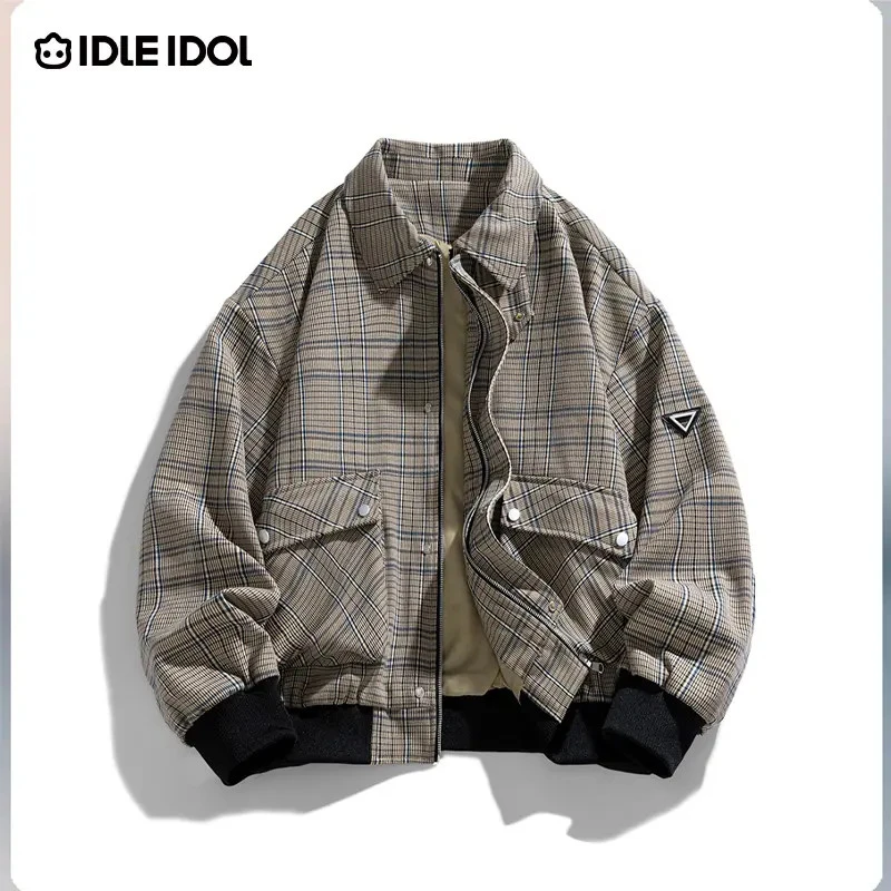 IDLE IDOL秋季新款美式复古休闲时尚翻领千鸟格纹长袖夹克外套男