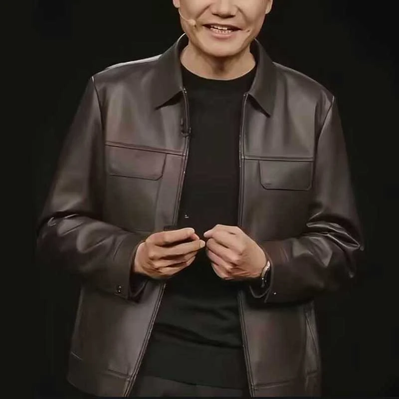 雷总明星雷军同款皮衣绵羊皮春秋新款翻领百搭商务真皮皮衣男款