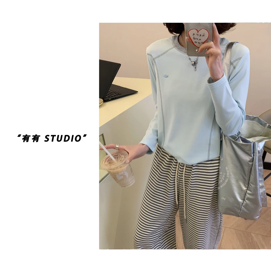 「明线撞色领」2025春季新款韩系！圆领明线打底女士显瘦长袖T恤衫