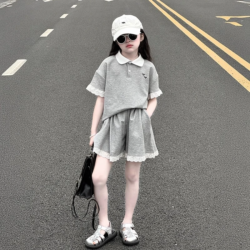 女童夏装套装2025新款儿童洋气polo领短袖大童女孩运动短裤两件套