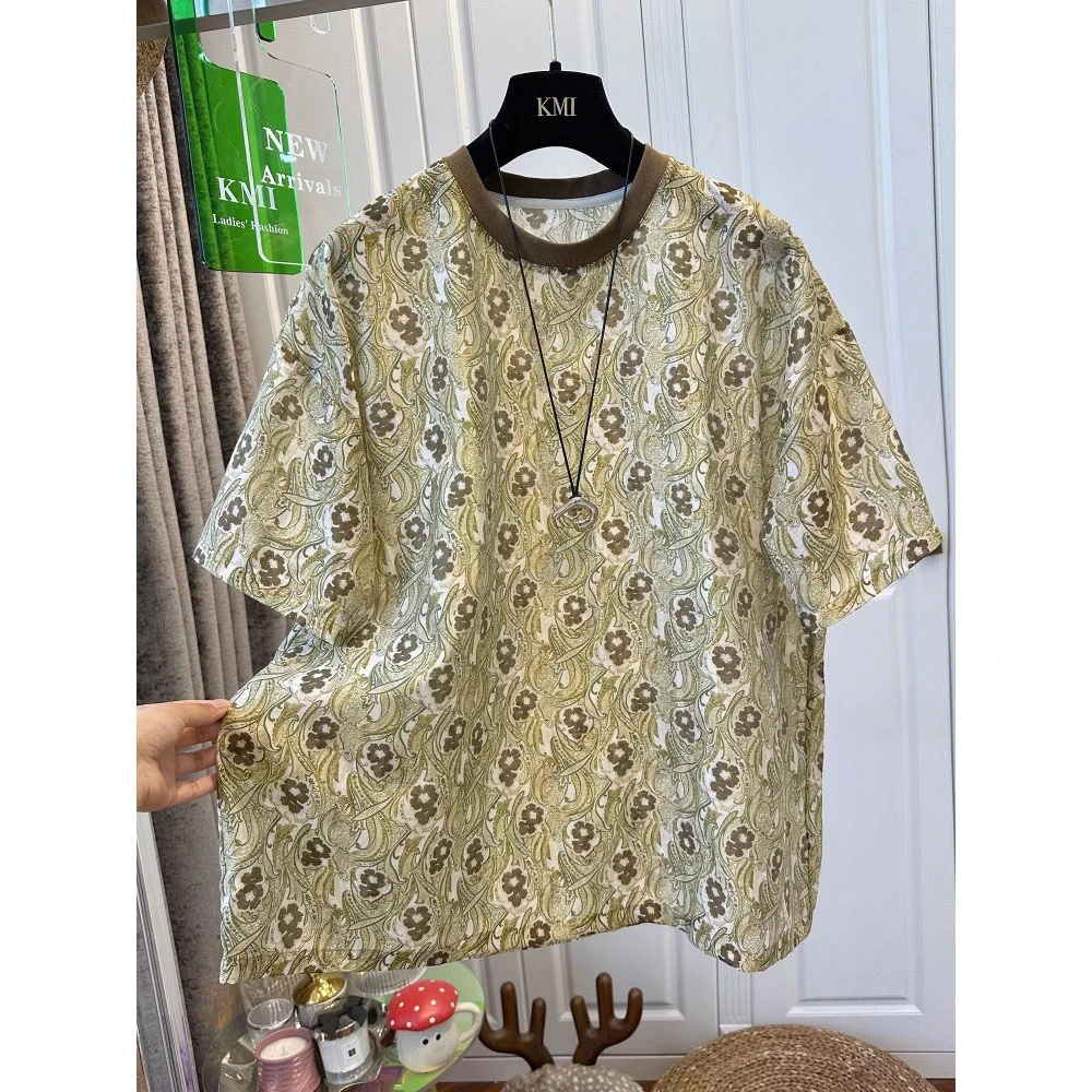 胖妹妹240斤大码复古腰果花轻薄凉感雪纺衫短袖T恤女夏季宽松上衣