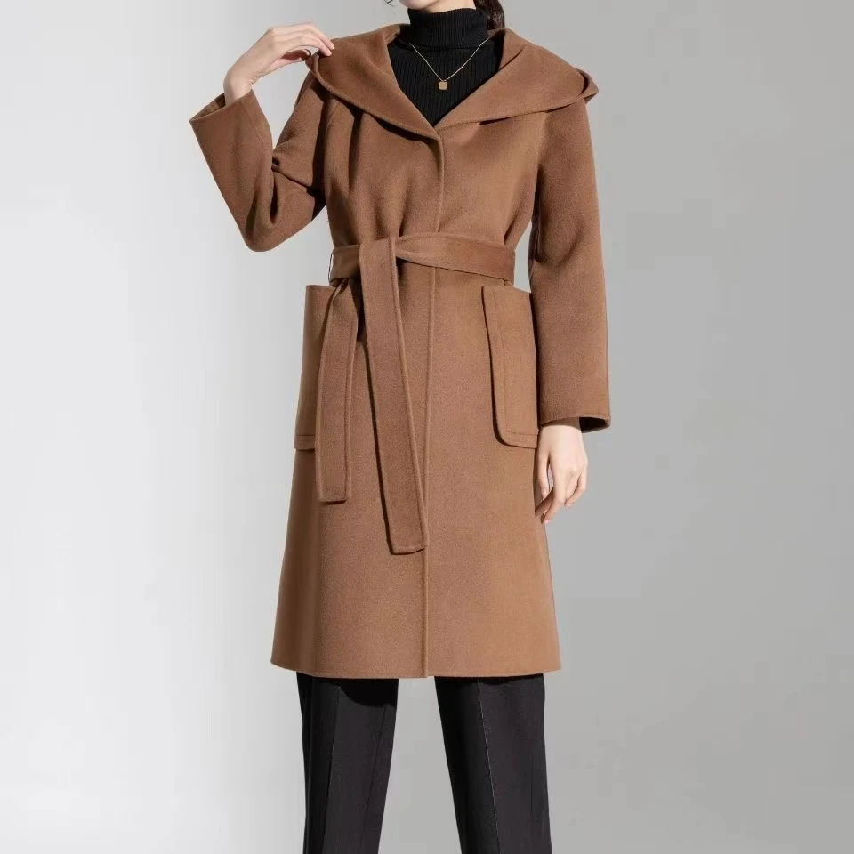 悦享女装2021秋冬新款时尚显瘦宽松收腰简约洋气中长连帽毛呢外套