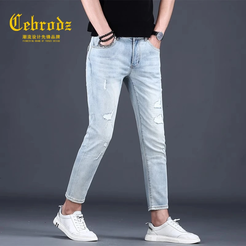 Cebrodz2025夏季新款男士潮流破洞九分牛仔裤弹力修身小脚韩版潮