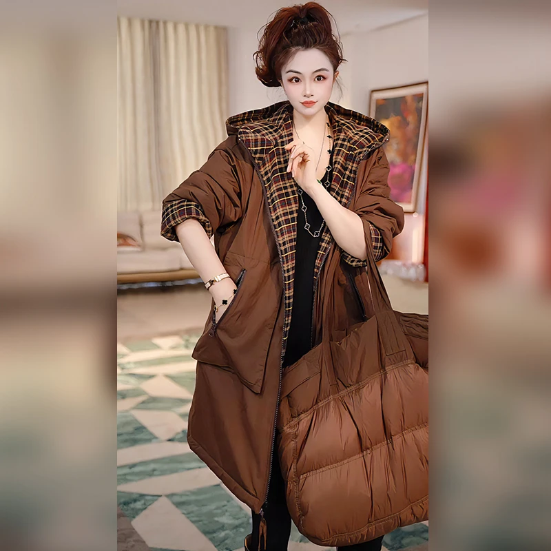 【Linda姐高端线】冬季时尚气质格纹双面穿连帽棉服外套AF5WMF0255