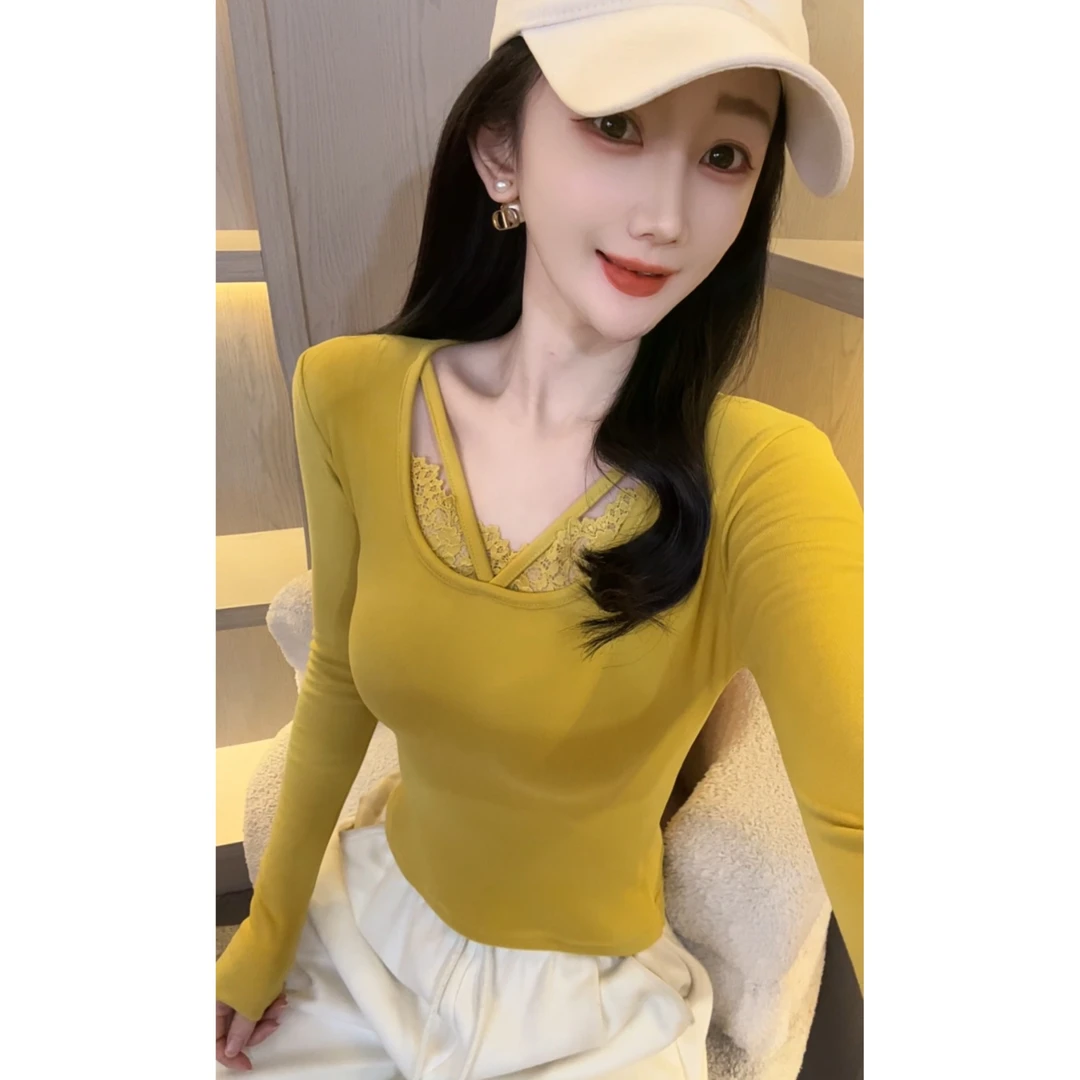 【娜哥813】双面德绒加厚绳蕾丝打底衫女长袖显瘦长袖秋冬保暖修身