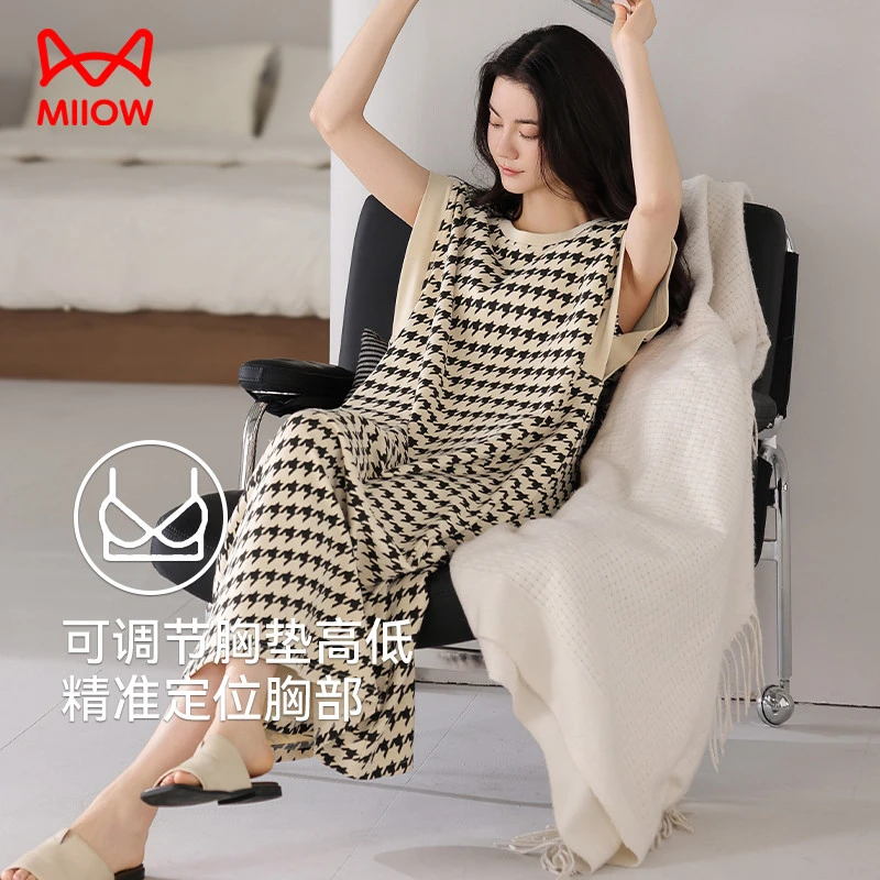 猫人睡衣纯棉条纹女无袖夏季带胸垫过膝短袖睡裙大码连衣裙家居服