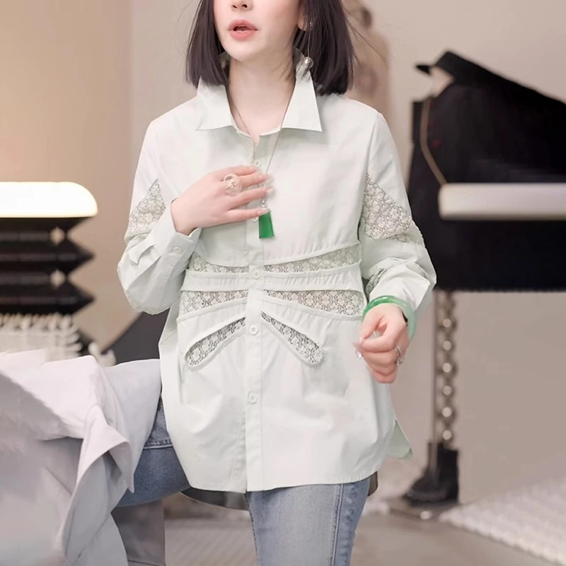 法式蕾丝拼接衬衫女2025年春季新款洋气减龄设计感不规则镂空上衣