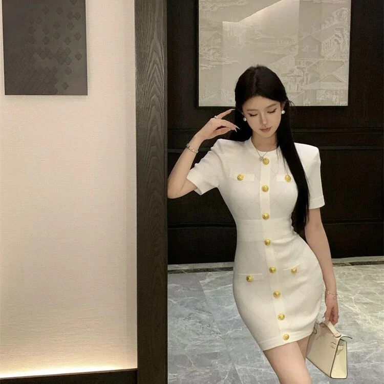高档小香风名媛针织连衣裙女夏季高级感气质显瘦包臀裙D66029#qc