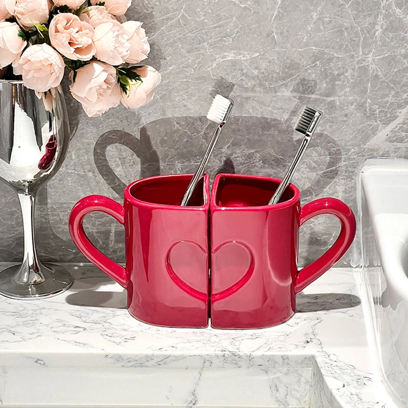 情侣陶瓷漱口杯红色新婚乔迁送礼新人结婚礼盒爱心拼接积木对对杯