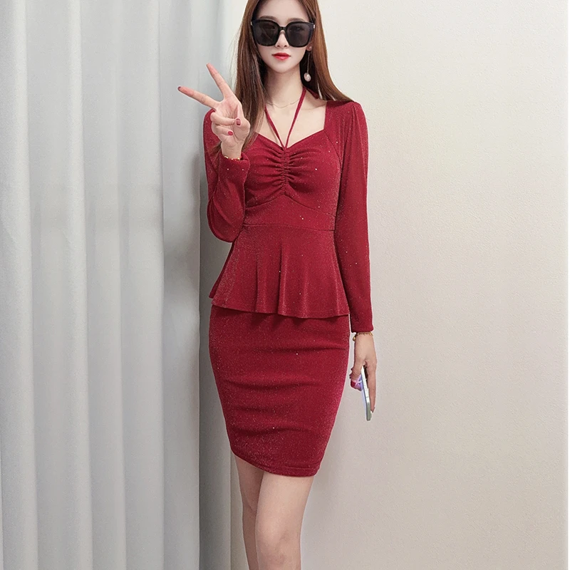 秋装新款包臀裙连衣裙性感抽绳挂脖设计褶皱遮肚高弹力网纱裙子